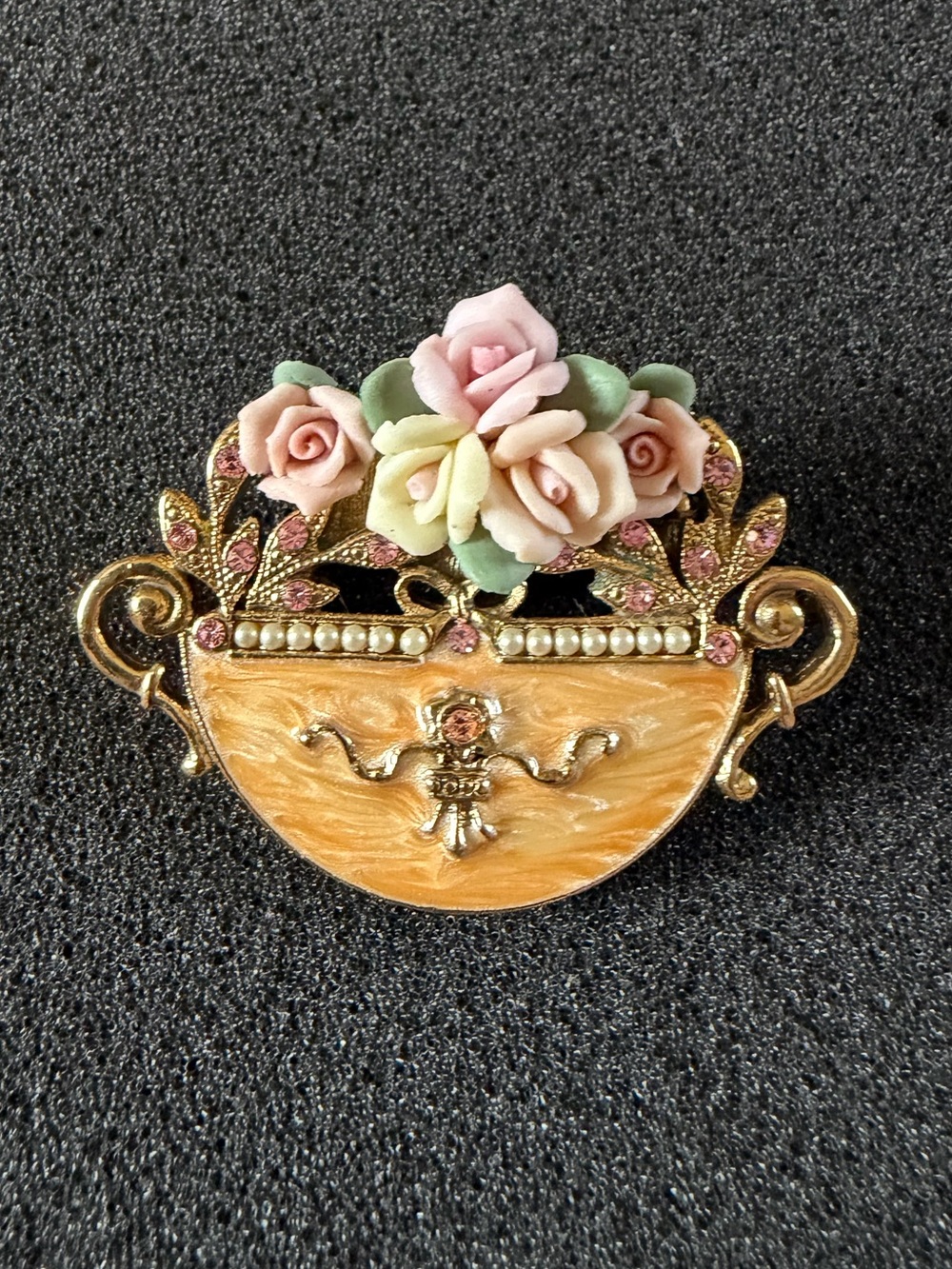 Vintage Metal Enamel Floral Rose Brooch Pin